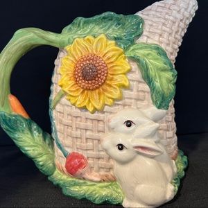 Bunny Banquet Ceramic Pitcher. 1+ quarts  basket pattern ceramics. 3D rabbits